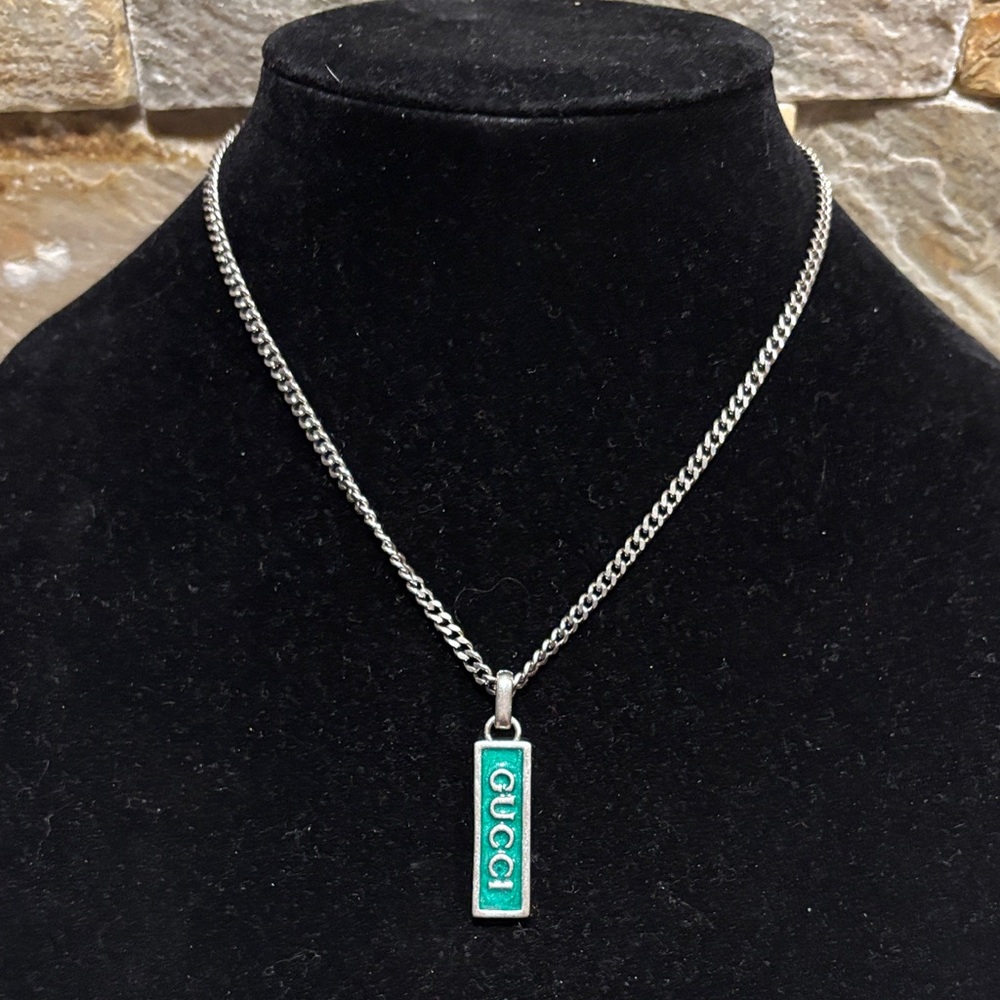 Silver Chain with Green Gucci Tag Pendant